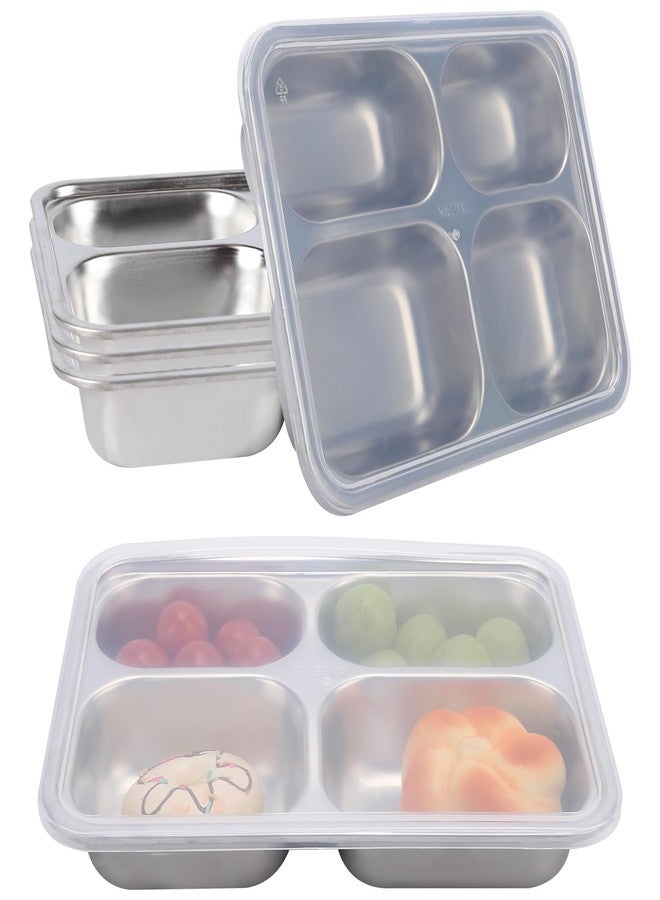 BUWUSMU 5 Pcs Stainless Steel Snack Containers with Lids, 4-Compartment Reusable Metal Bento Box Food Storage Containers, Durable Lunch Boxes for Office, Home and Travel - Image 1
